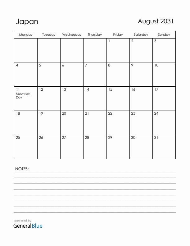 August 2031 Japan Calendar with Holidays (Monday Start)