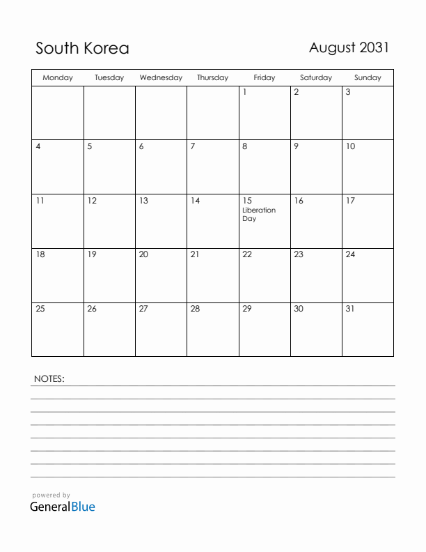 August 2031 South Korea Calendar with Holidays (Monday Start)