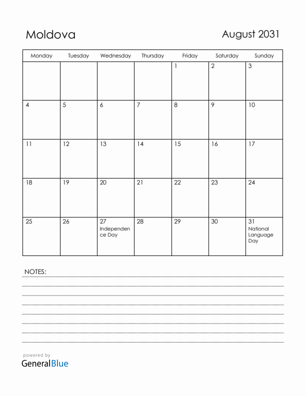 August 2031 Moldova Calendar with Holidays (Monday Start)