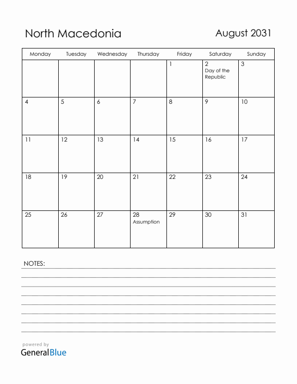August 2031 North Macedonia Calendar with Holidays (Monday Start)