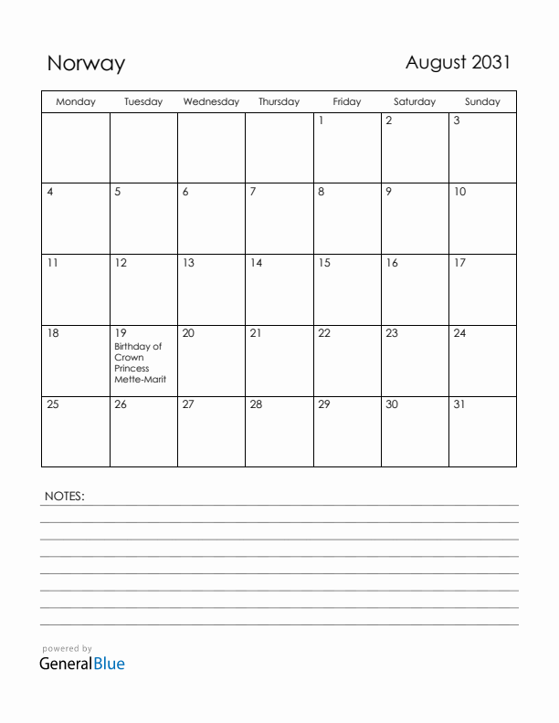 August 2031 Norway Calendar with Holidays (Monday Start)