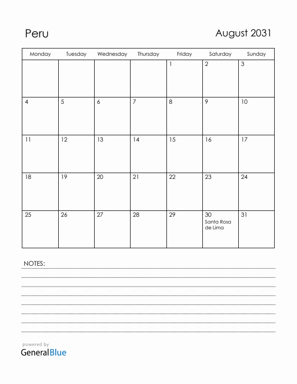 August 2031 Peru Calendar with Holidays (Monday Start)