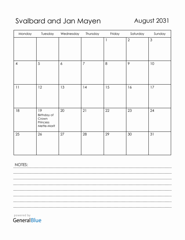 August 2031 Svalbard and Jan Mayen Calendar with Holidays (Monday Start)