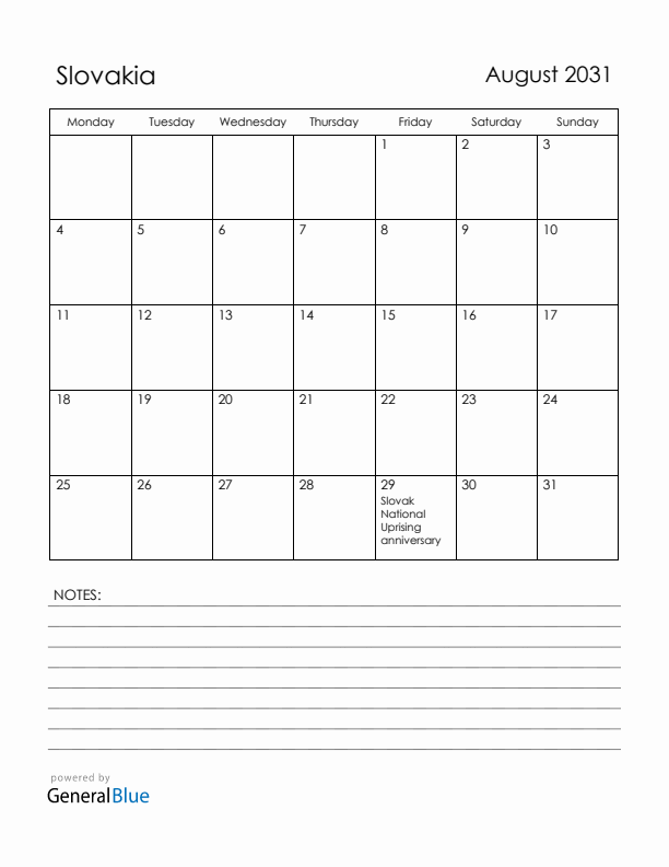 August 2031 Slovakia Calendar with Holidays (Monday Start)