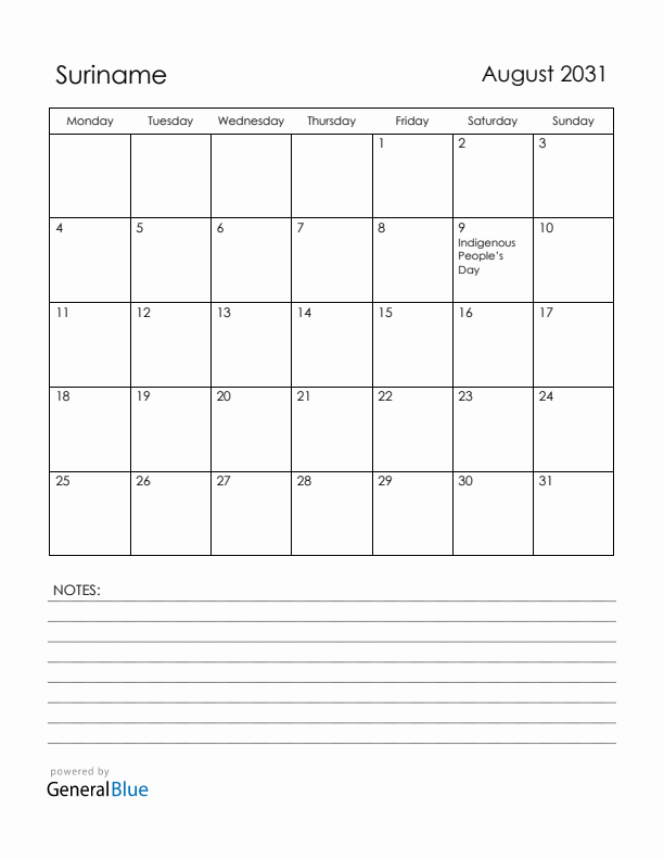 August 2031 Suriname Calendar with Holidays (Monday Start)