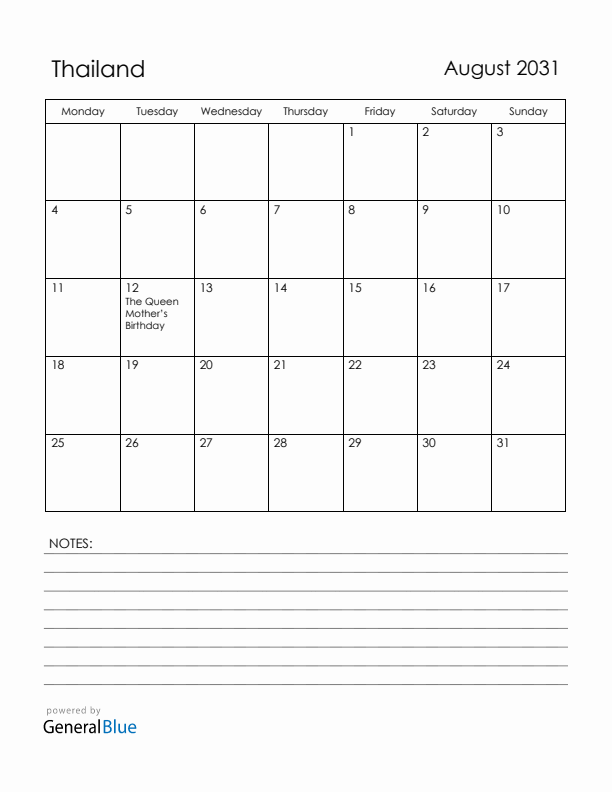 August 2031 Thailand Calendar with Holidays (Monday Start)