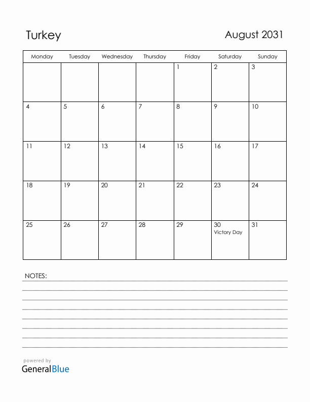 August 2031 Turkey Calendar with Holidays (Monday Start)