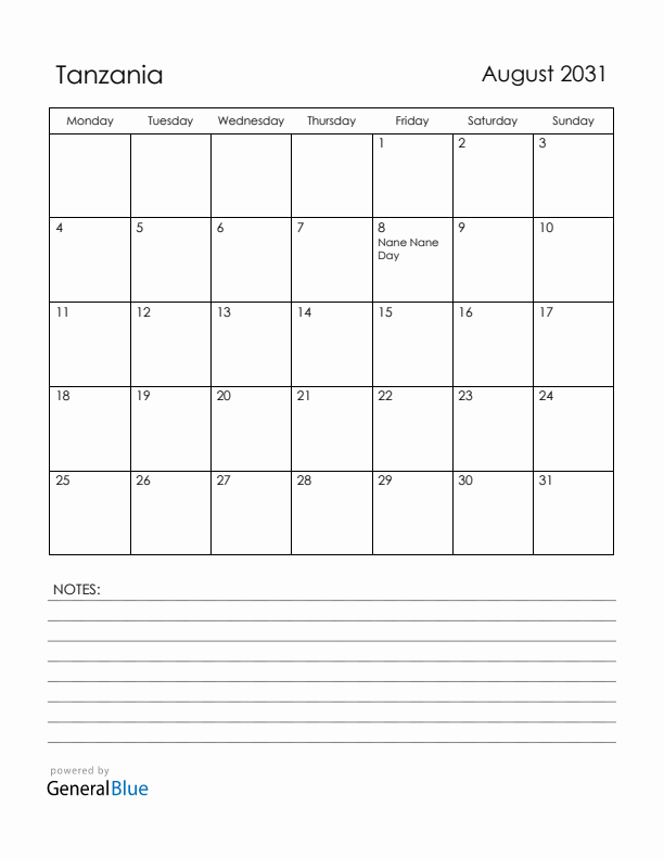 August 2031 Tanzania Calendar with Holidays (Monday Start)