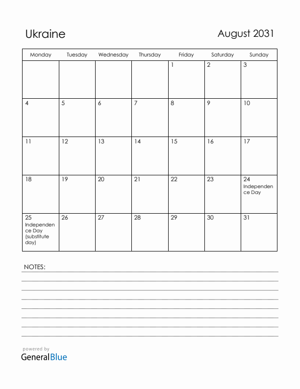 August 2031 Ukraine Calendar with Holidays (Monday Start)