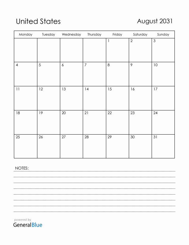 August 2031 United States Calendar with Holidays (Monday Start)