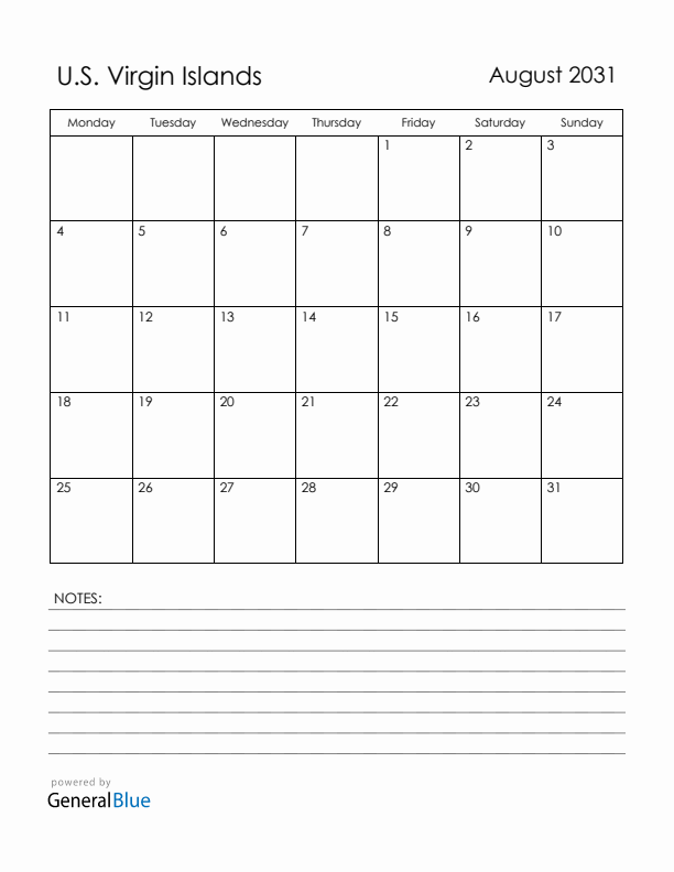 August 2031 U.S. Virgin Islands Calendar with Holidays (Monday Start)