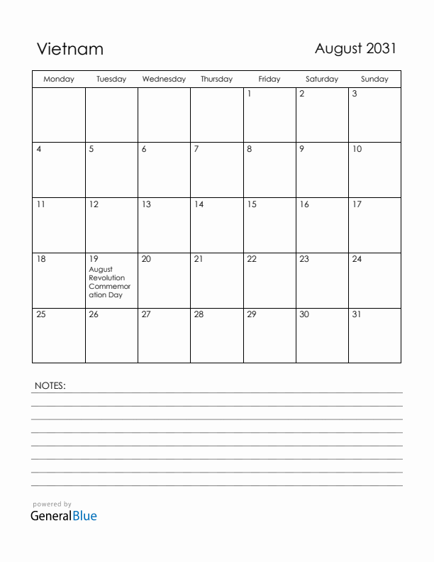 August 2031 Vietnam Calendar with Holidays (Monday Start)