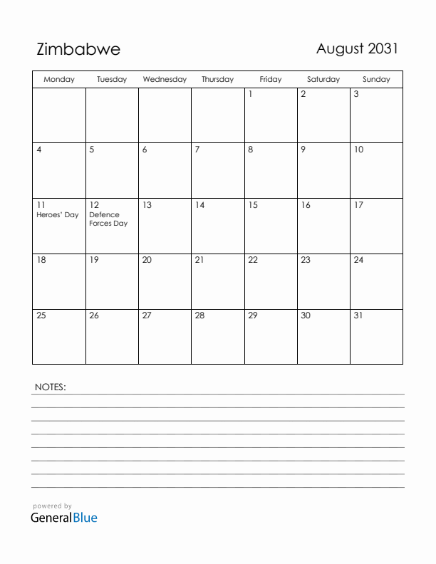 August 2031 Zimbabwe Calendar with Holidays (Monday Start)