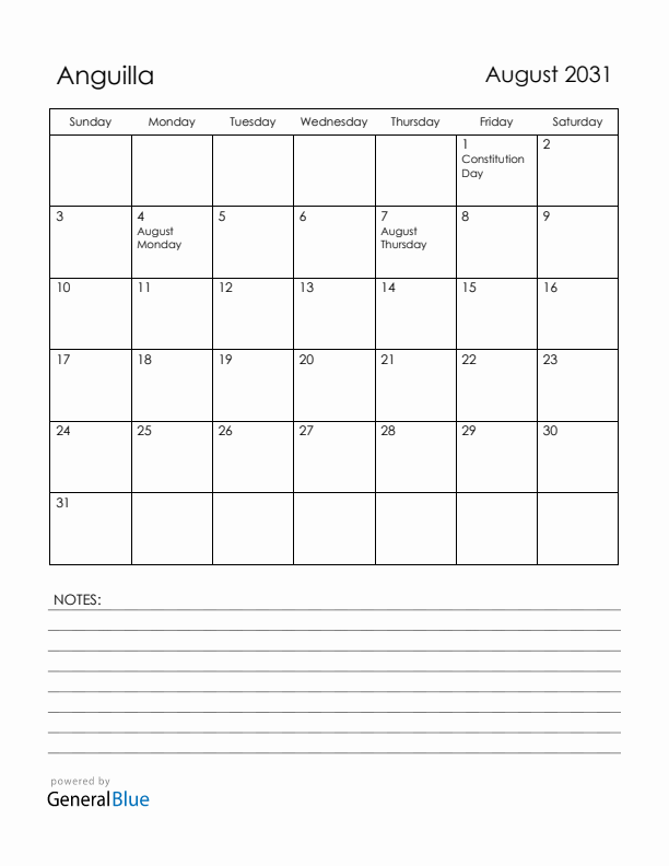 August 2031 Anguilla Calendar with Holidays (Sunday Start)