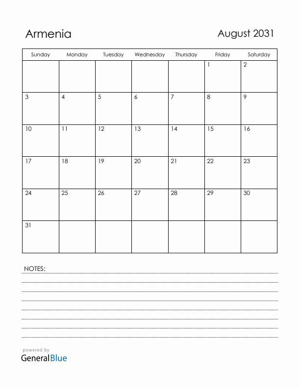 August 2031 Armenia Calendar with Holidays (Sunday Start)