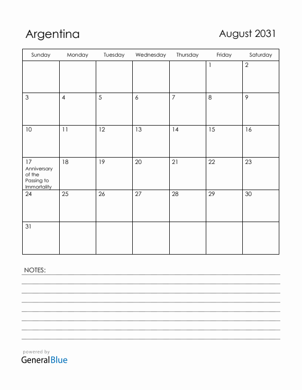 August 2031 Argentina Calendar with Holidays (Sunday Start)