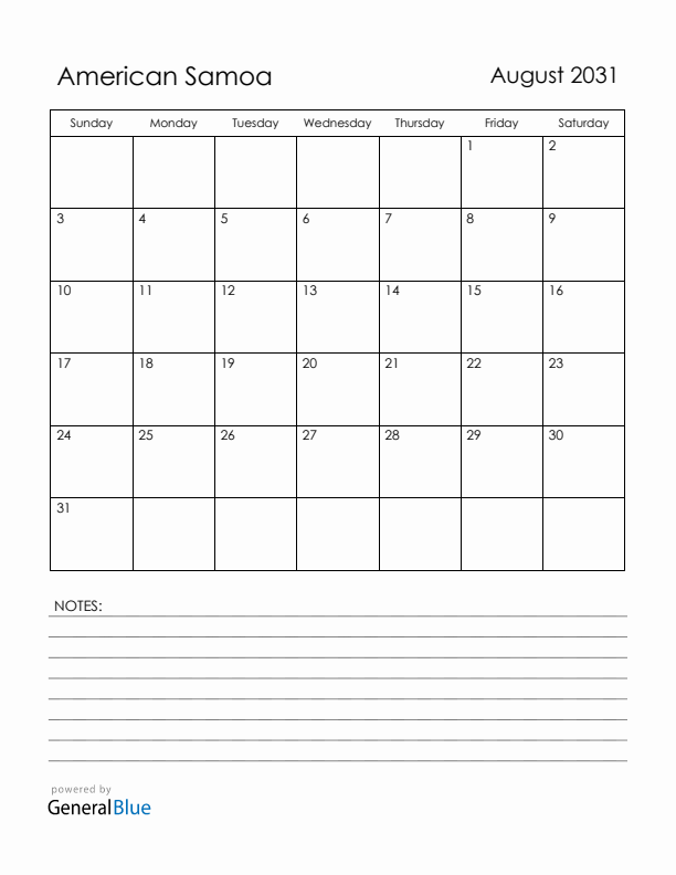 August 2031 American Samoa Calendar with Holidays (Sunday Start)
