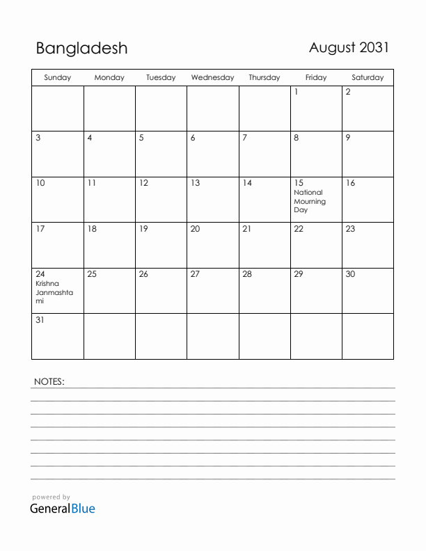 August 2031 Bangladesh Calendar with Holidays (Sunday Start)