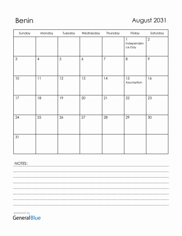 August 2031 Benin Calendar with Holidays (Sunday Start)