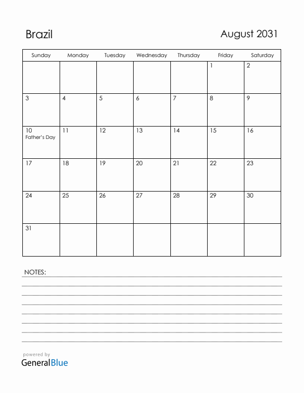 August 2031 Brazil Calendar with Holidays (Sunday Start)