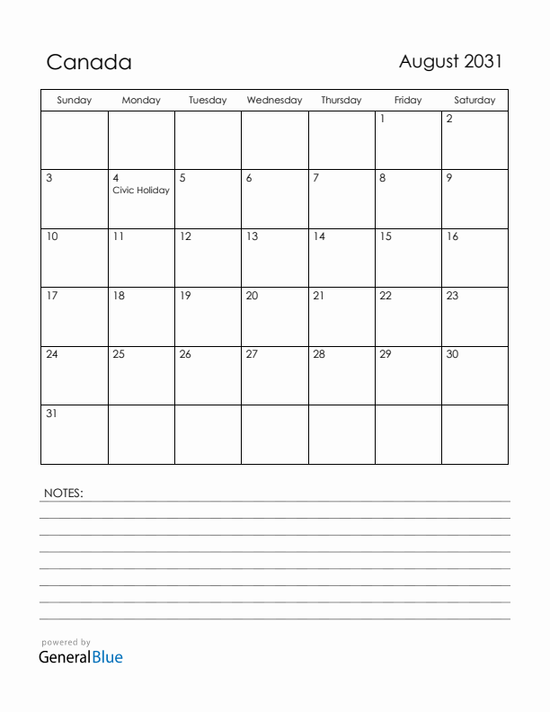 August 2031 Canada Calendar with Holidays (Sunday Start)