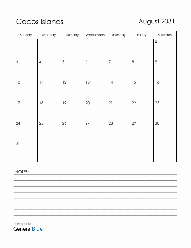 August 2031 Cocos Islands Calendar with Holidays (Sunday Start)