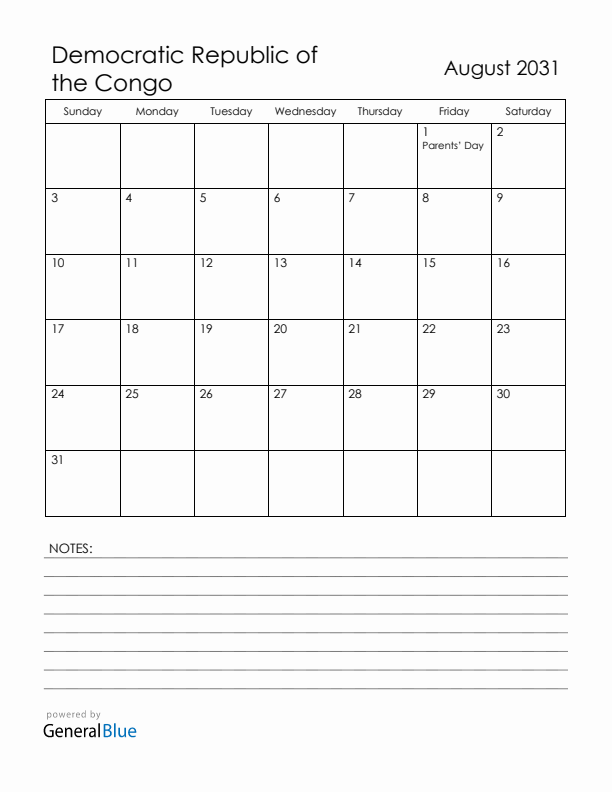 August 2031 Democratic Republic of the Congo Calendar with Holidays (Sunday Start)