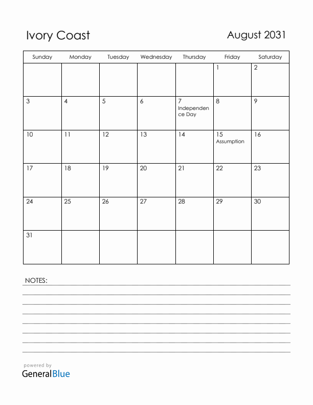 August 2031 Ivory Coast Calendar with Holidays (Sunday Start)
