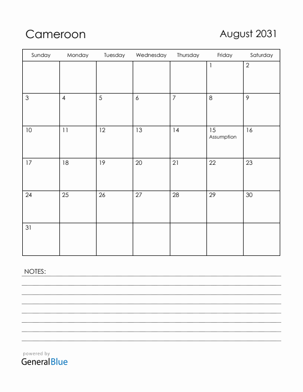 August 2031 Cameroon Calendar with Holidays (Sunday Start)