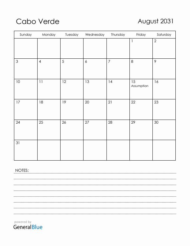August 2031 Cabo Verde Calendar with Holidays (Sunday Start)