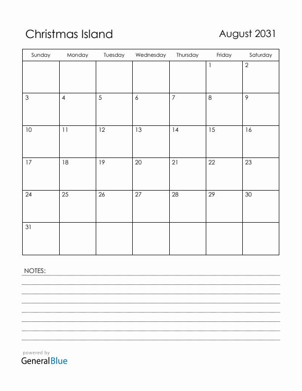 August 2031 Christmas Island Calendar with Holidays (Sunday Start)