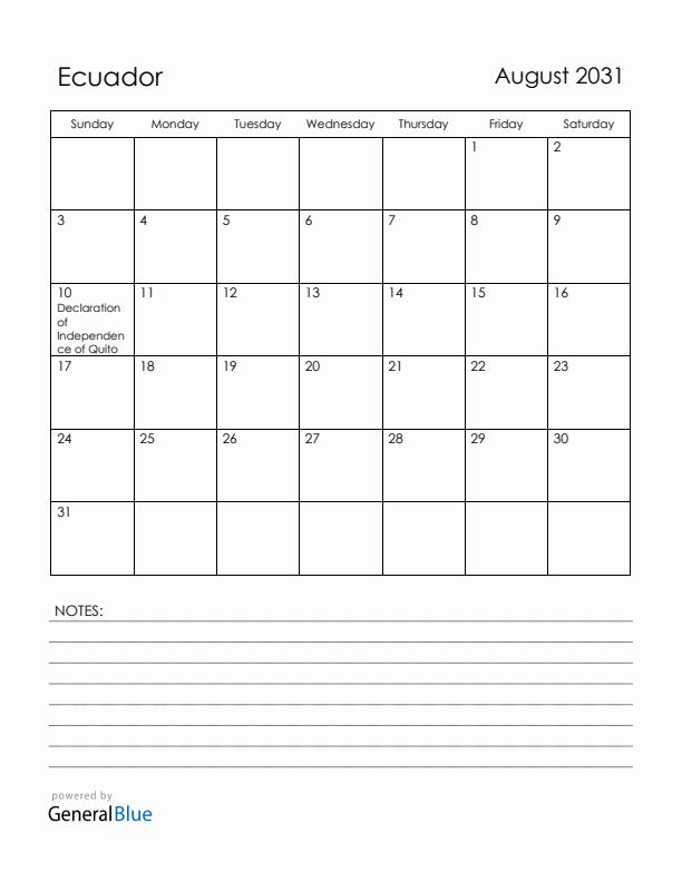 August 2031 Ecuador Calendar with Holidays (Sunday Start)