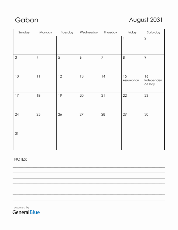 August 2031 Gabon Calendar with Holidays (Sunday Start)