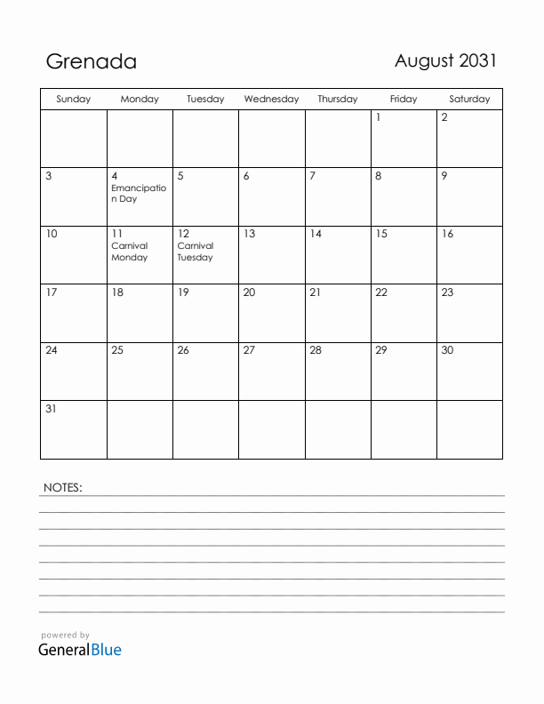 August 2031 Grenada Calendar with Holidays (Sunday Start)