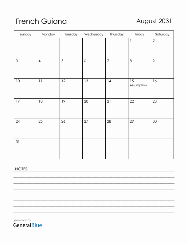 August 2031 French Guiana Calendar with Holidays (Sunday Start)