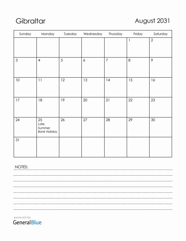 August 2031 Gibraltar Calendar with Holidays (Sunday Start)