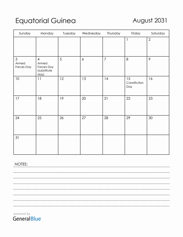 August 2031 Equatorial Guinea Calendar with Holidays (Sunday Start)
