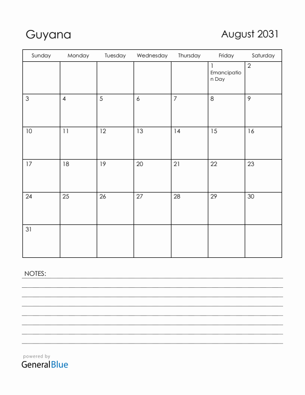 August 2031 Guyana Calendar with Holidays (Sunday Start)