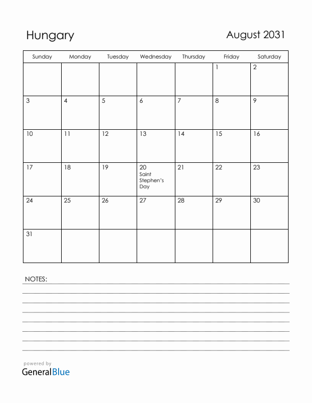 August 2031 Hungary Calendar with Holidays (Sunday Start)