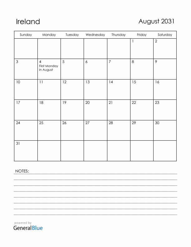 August 2031 Ireland Calendar with Holidays (Sunday Start)
