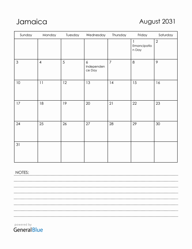 August 2031 Jamaica Calendar with Holidays (Sunday Start)