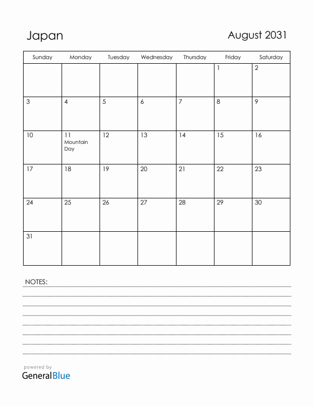 August 2031 Japan Calendar with Holidays (Sunday Start)