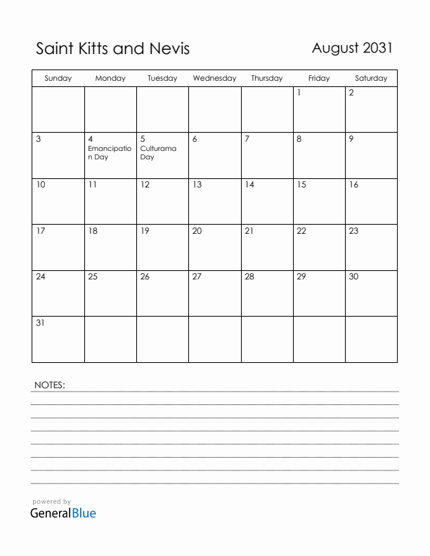 August 2031 Saint Kitts and Nevis Calendar with Holidays (Sunday Start)