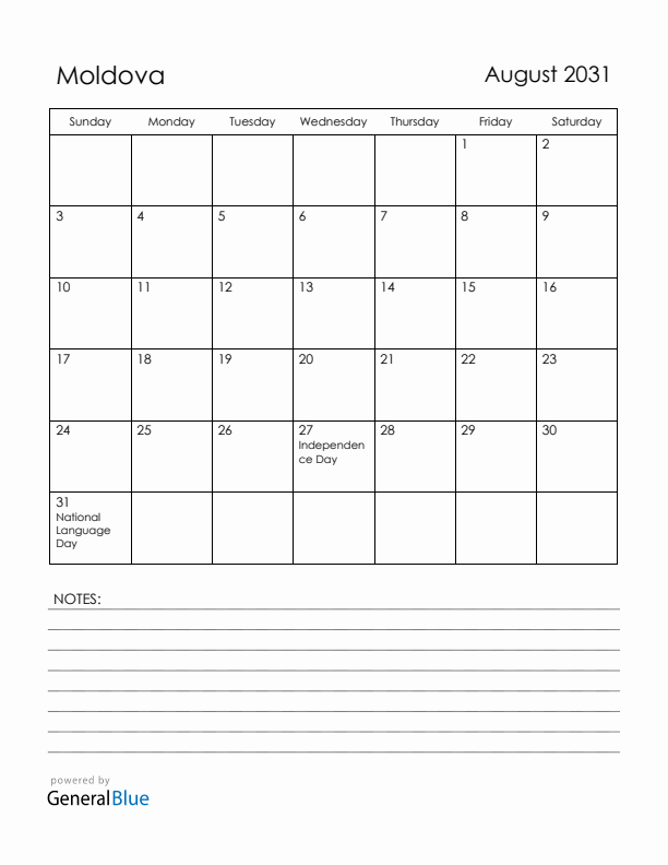 August 2031 Moldova Calendar with Holidays (Sunday Start)