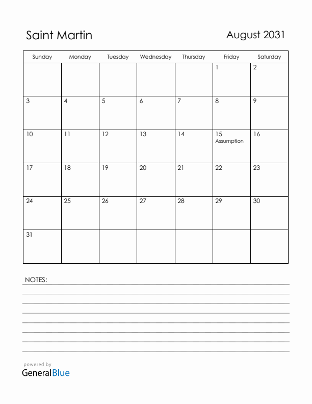 August 2031 Saint Martin Calendar with Holidays (Sunday Start)