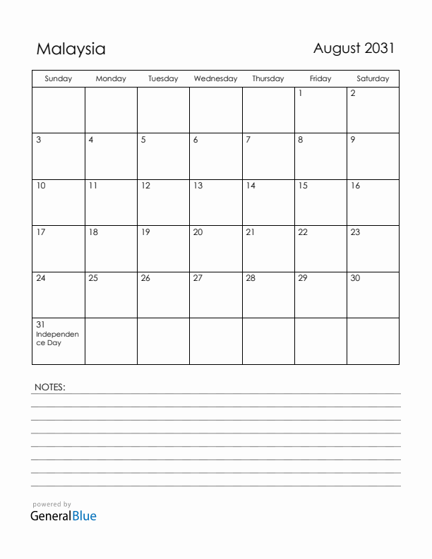 August 2031 Malaysia Calendar with Holidays (Sunday Start)