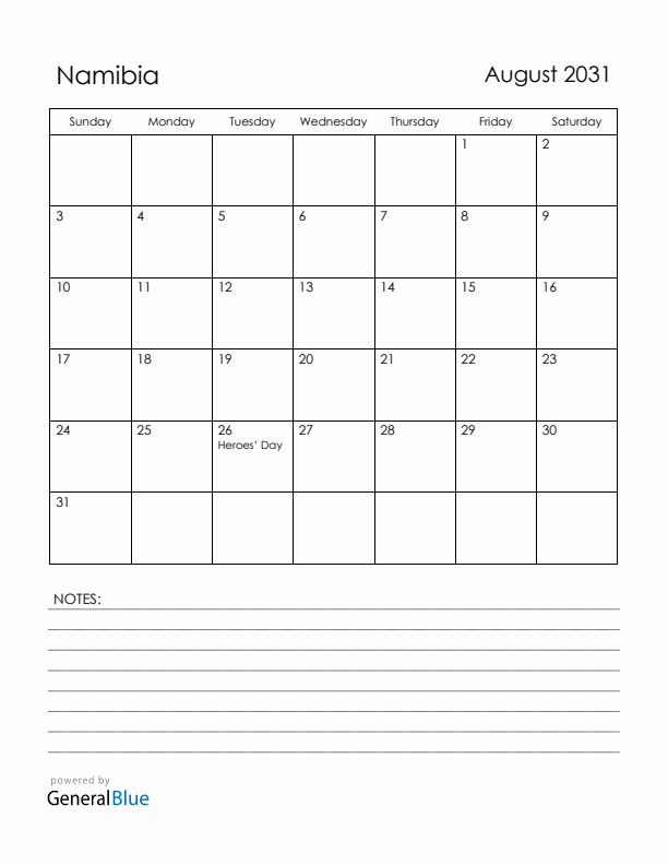 August 2031 Namibia Calendar with Holidays (Sunday Start)