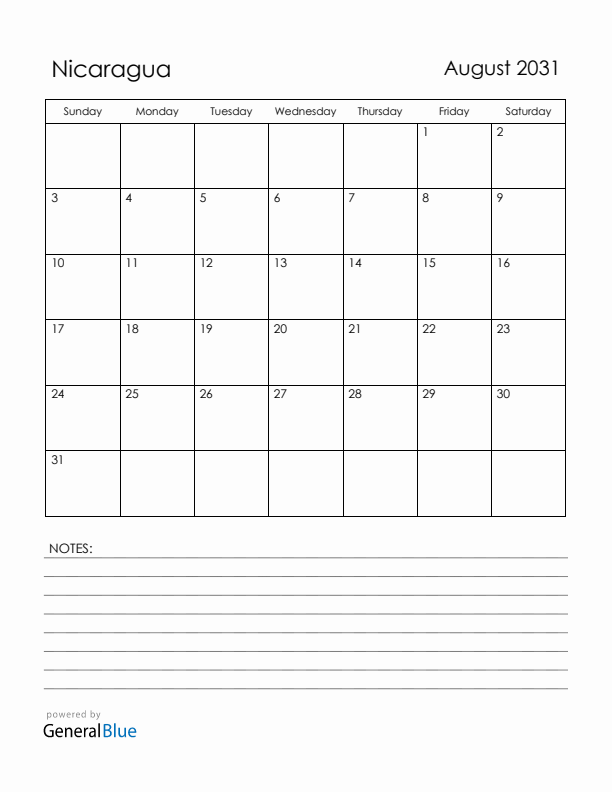 August 2031 Nicaragua Calendar with Holidays (Sunday Start)
