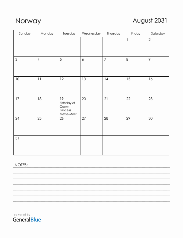 August 2031 Norway Calendar with Holidays (Sunday Start)