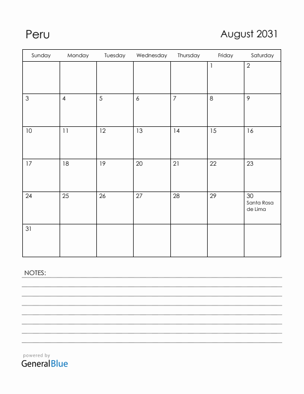 August 2031 Peru Calendar with Holidays (Sunday Start)